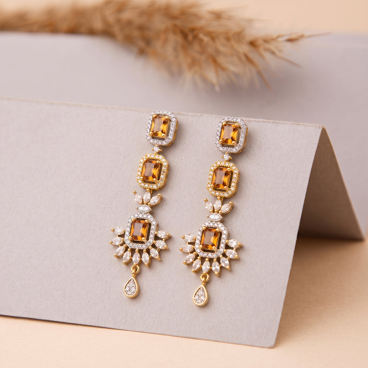Gold Citrine-Look Emerald-Cut Drop Earrings