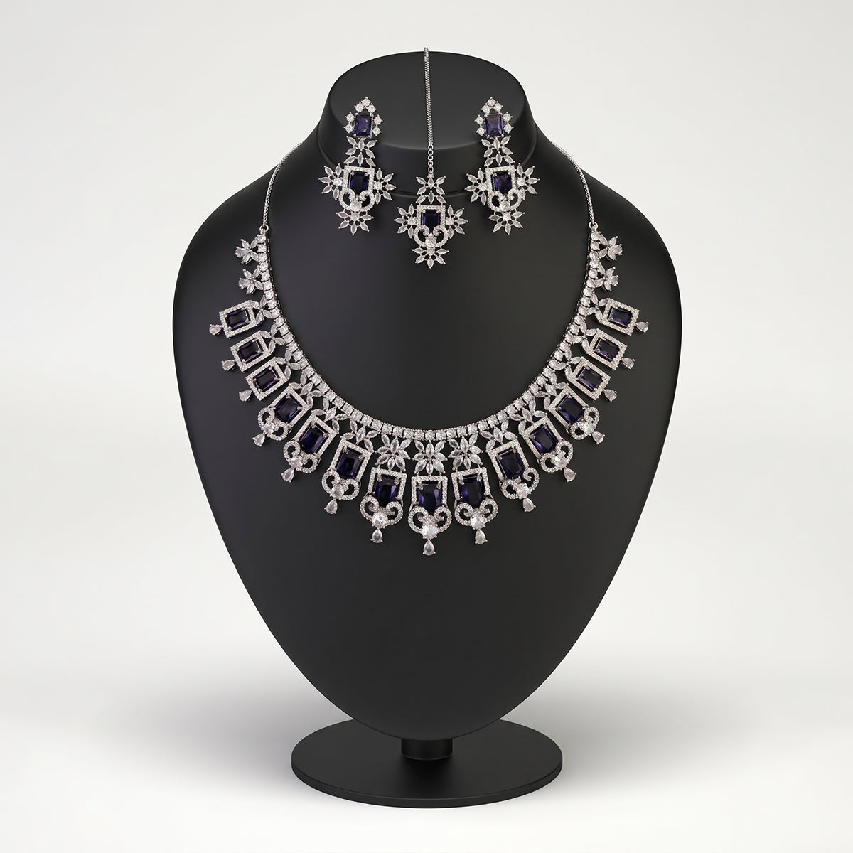 Silver Crystal Fringe Bridal Set with Purple Stones
