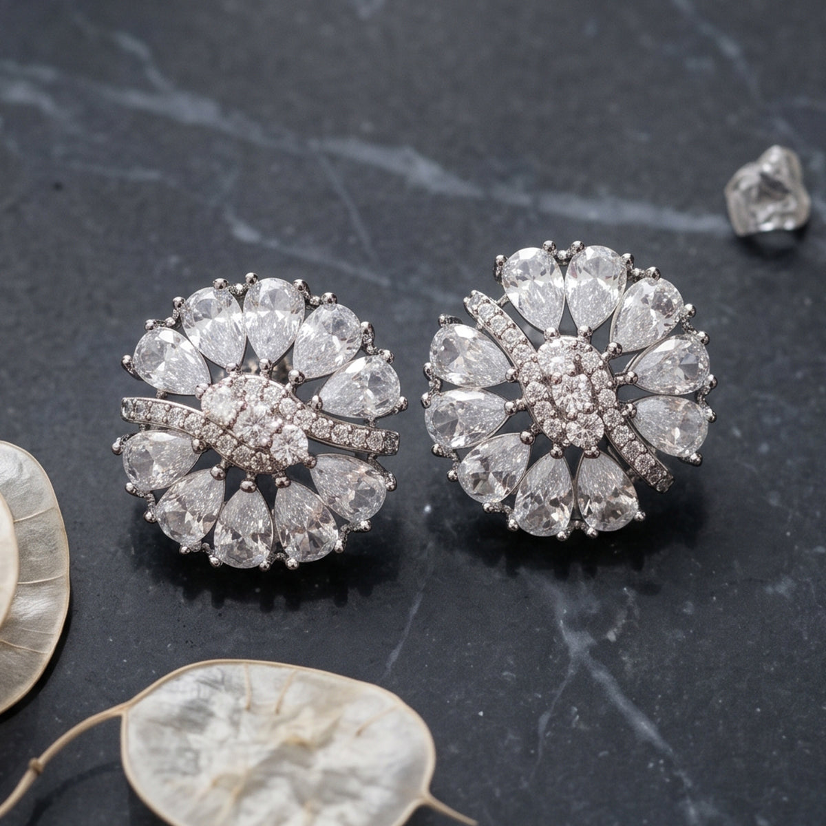 Silver Pear-Cut Crystal Floral Studs