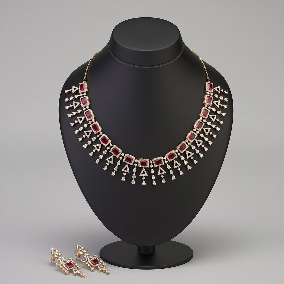 Rose Gold Ruby-Look Geometric Statement Necklace Set