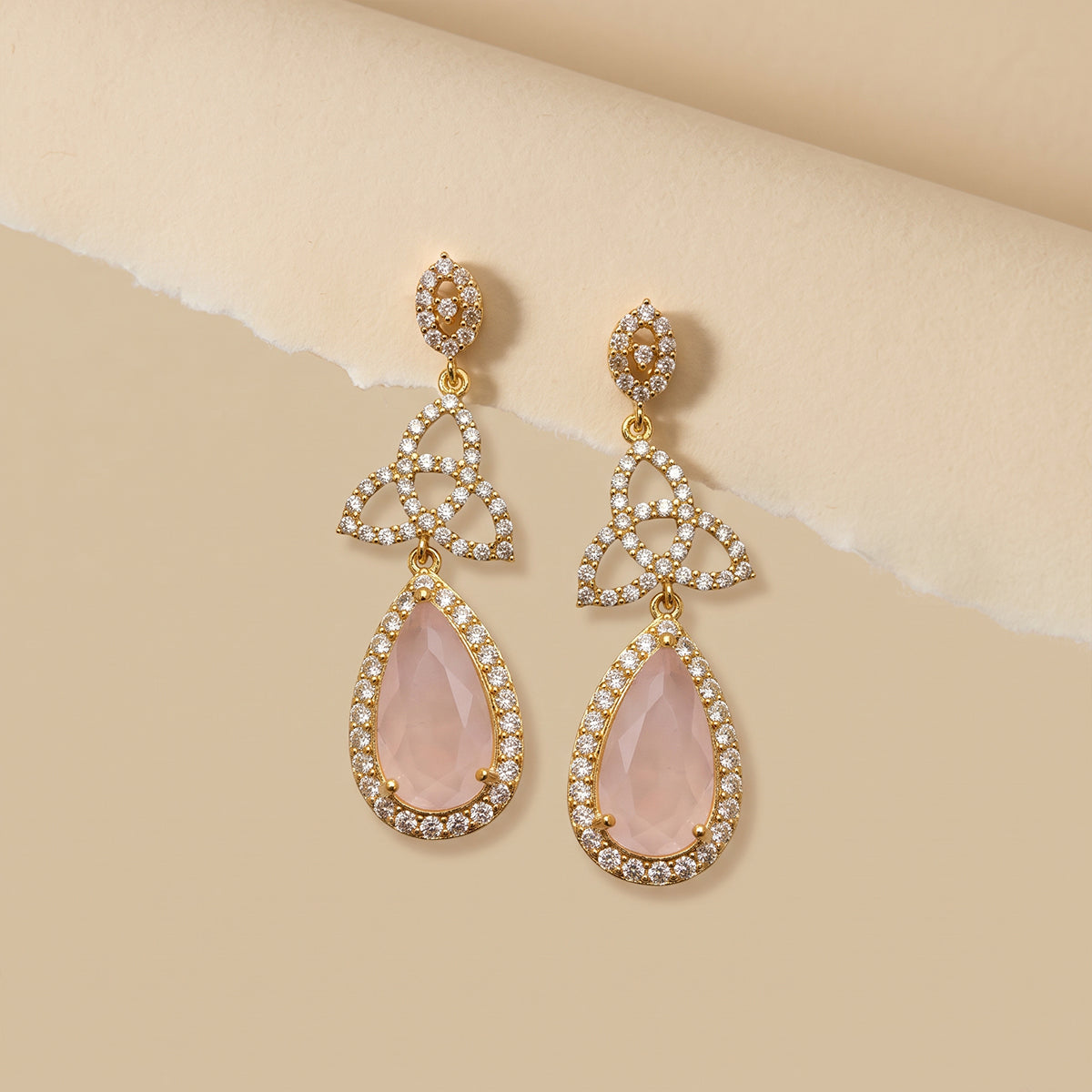 Gold Trinity Knot Crystal Earrings with Pink Drop