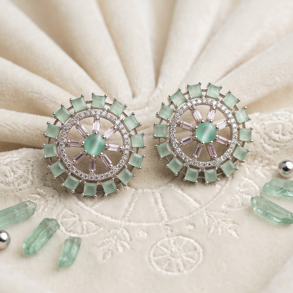 Mint Green Sunburst Crystal Statement Studs