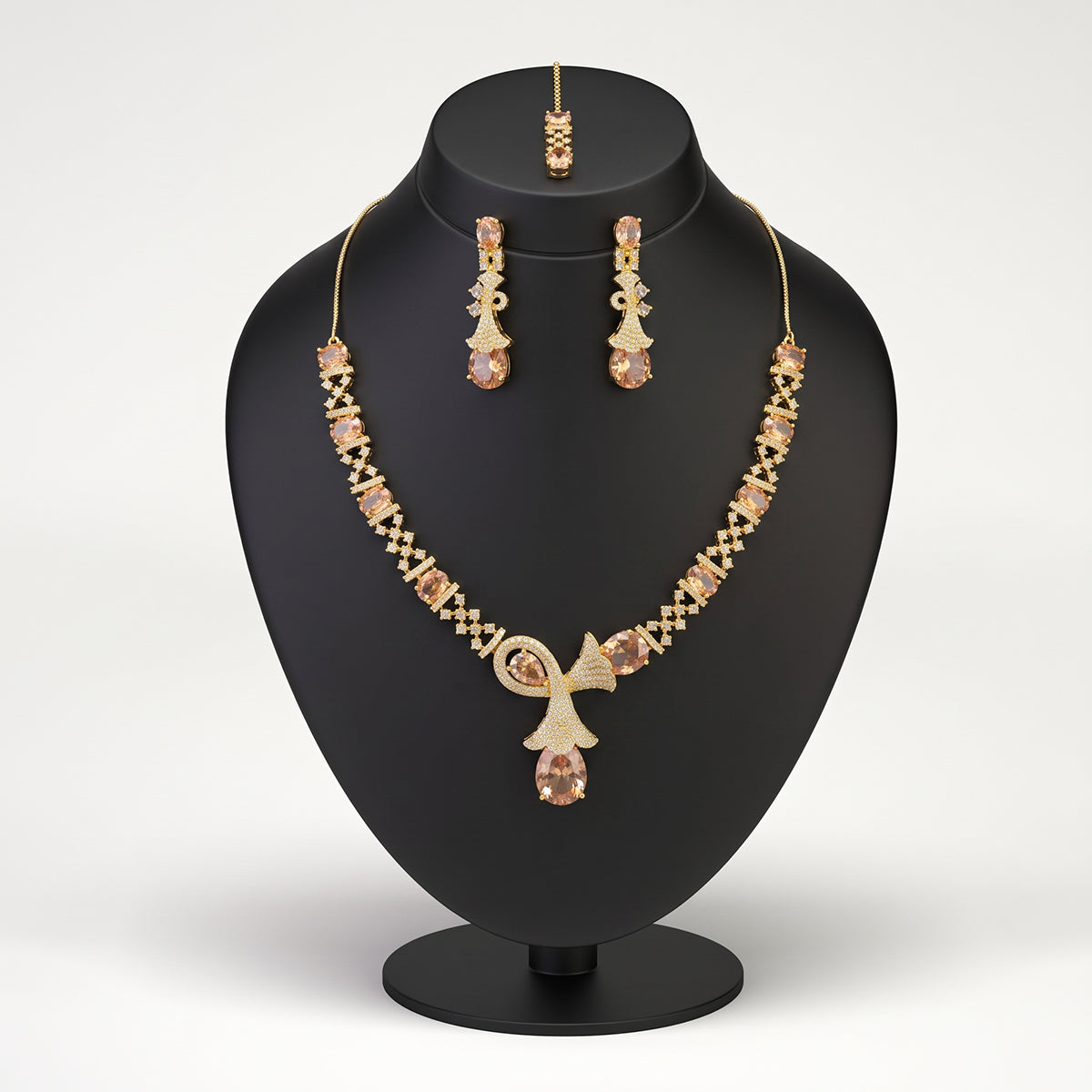 Gold Champagne Crystal Necklace, Earrings & Tikka Set