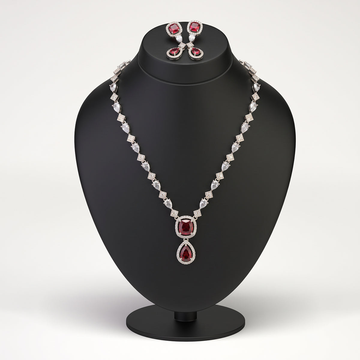 Silver Crystal Necklace Set with Ruby-Look Double Drop
