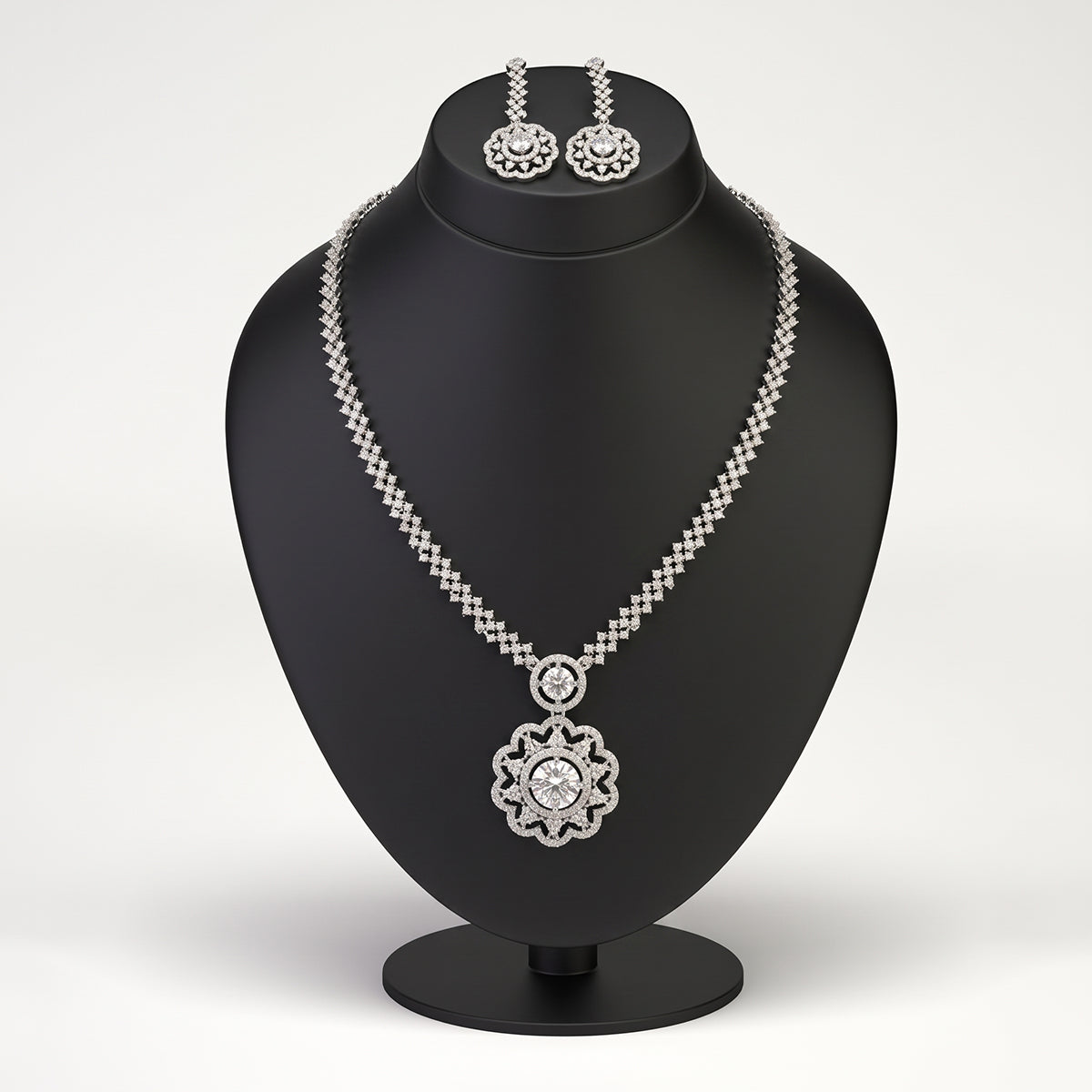 Silver Round Flower Pendant Necklace Set