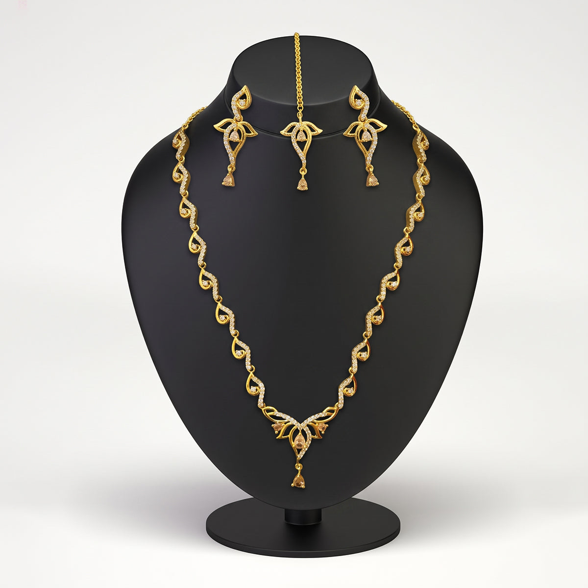 Gold Delicate Crystal Jewellery Set with Tikka