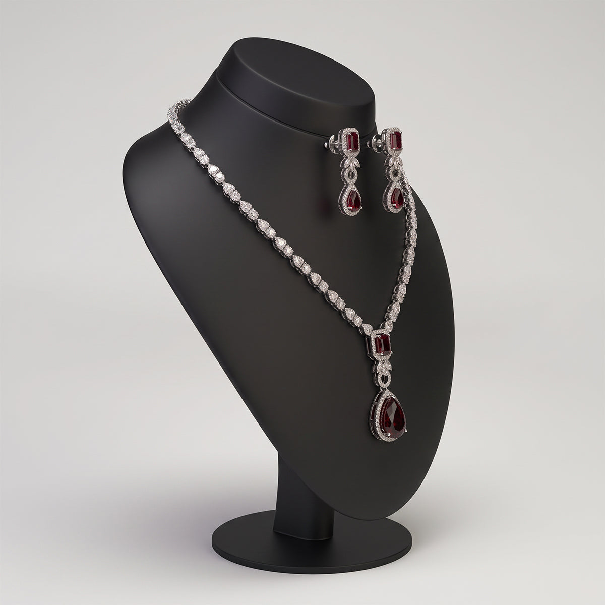 Silver Red Stone Pendant Necklace Set with Drop Earrings