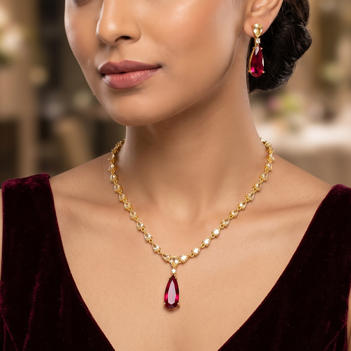 Gold Ruby Red Teardrop Necklace & Earrings Set