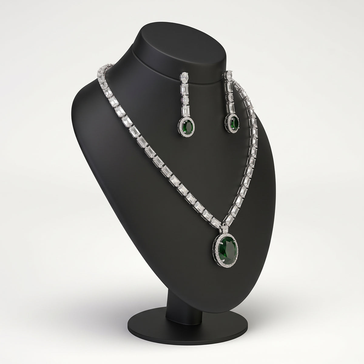 Silver Tennis Necklace Set with Green Oval Pendant
