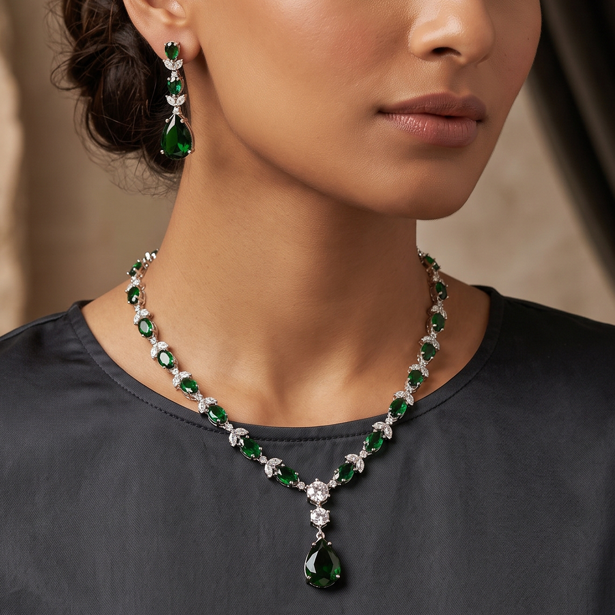 Silver Bridal Green Stone Statement Necklace Set