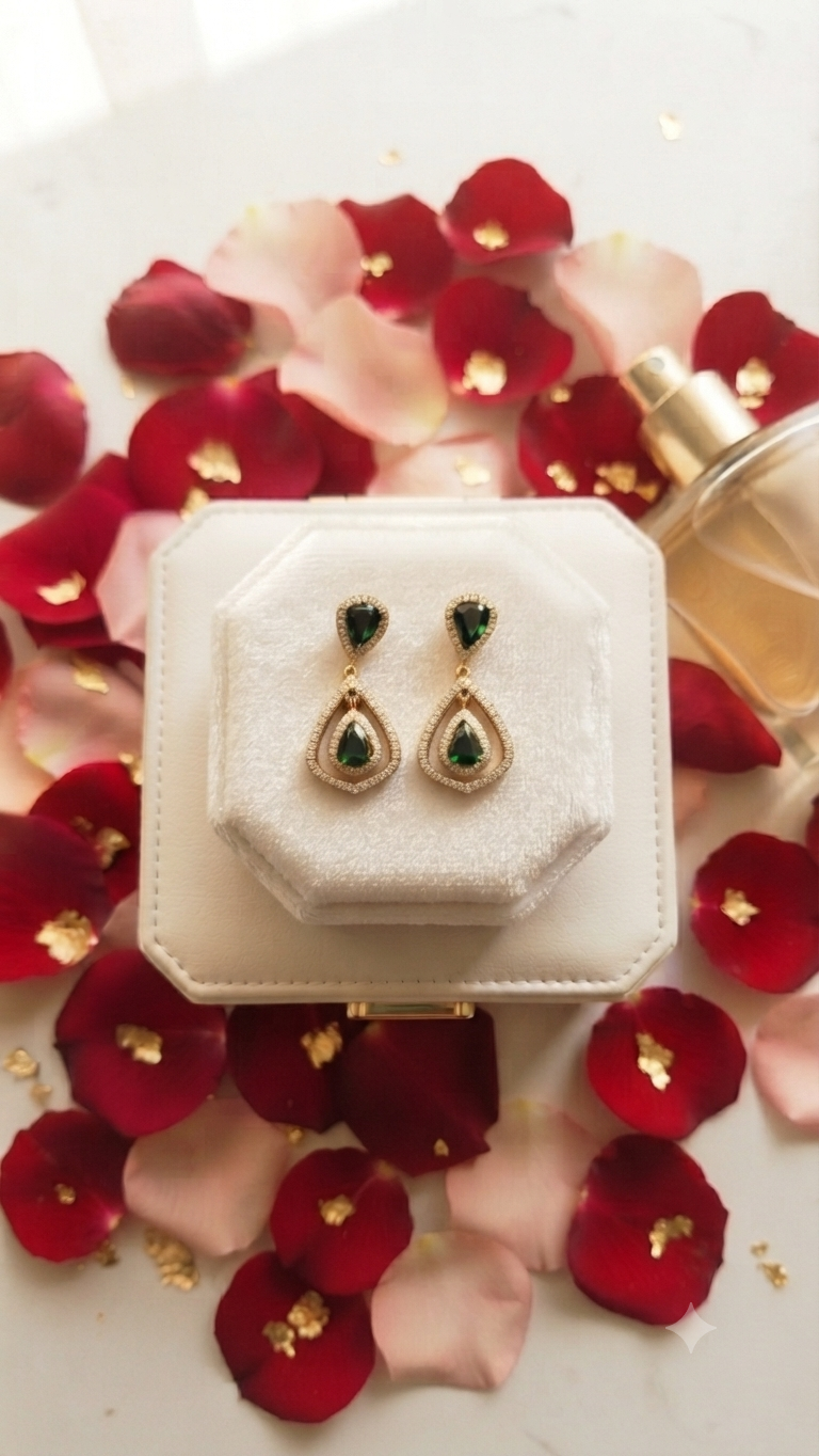 Gold Plated Green Stone Drop Earrings