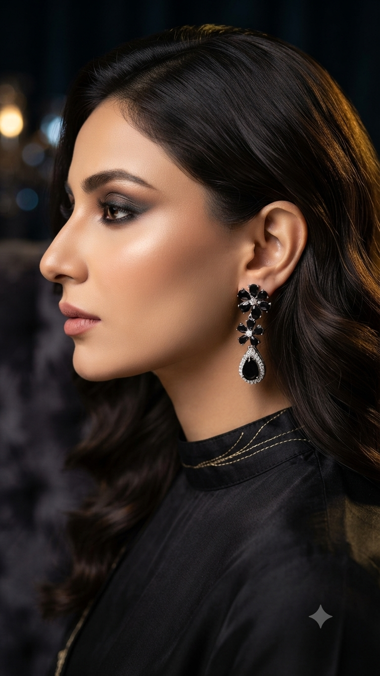 Black Diamond Flower Dangle Earrings