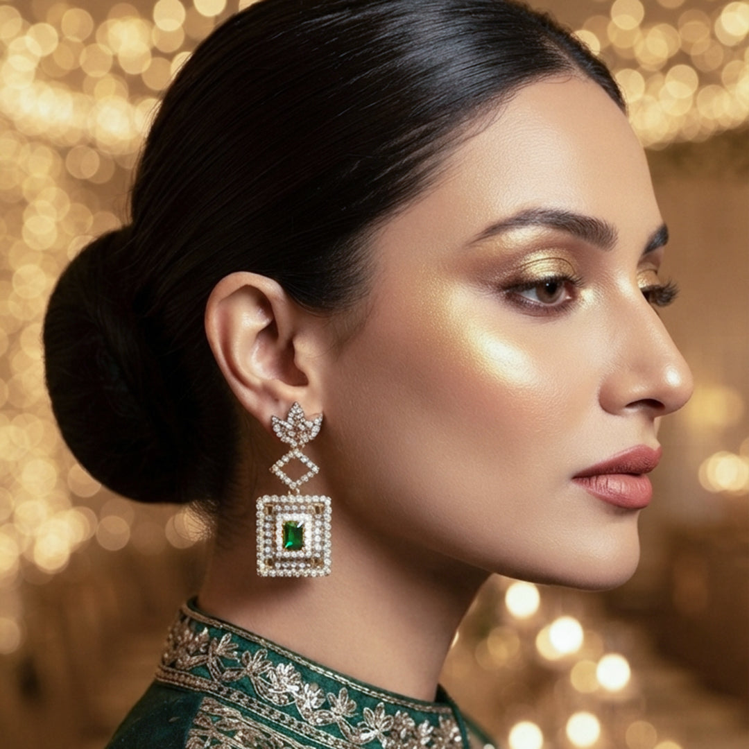 Gold Emerald Square Drop Earrings