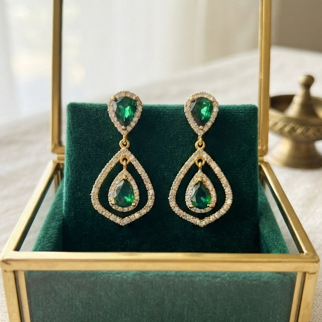 Gold Plated Green Stone Drop Earrings
