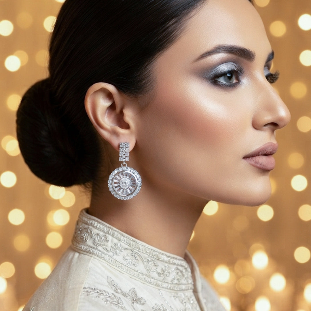 Silver Round Crystal Drop Earrings