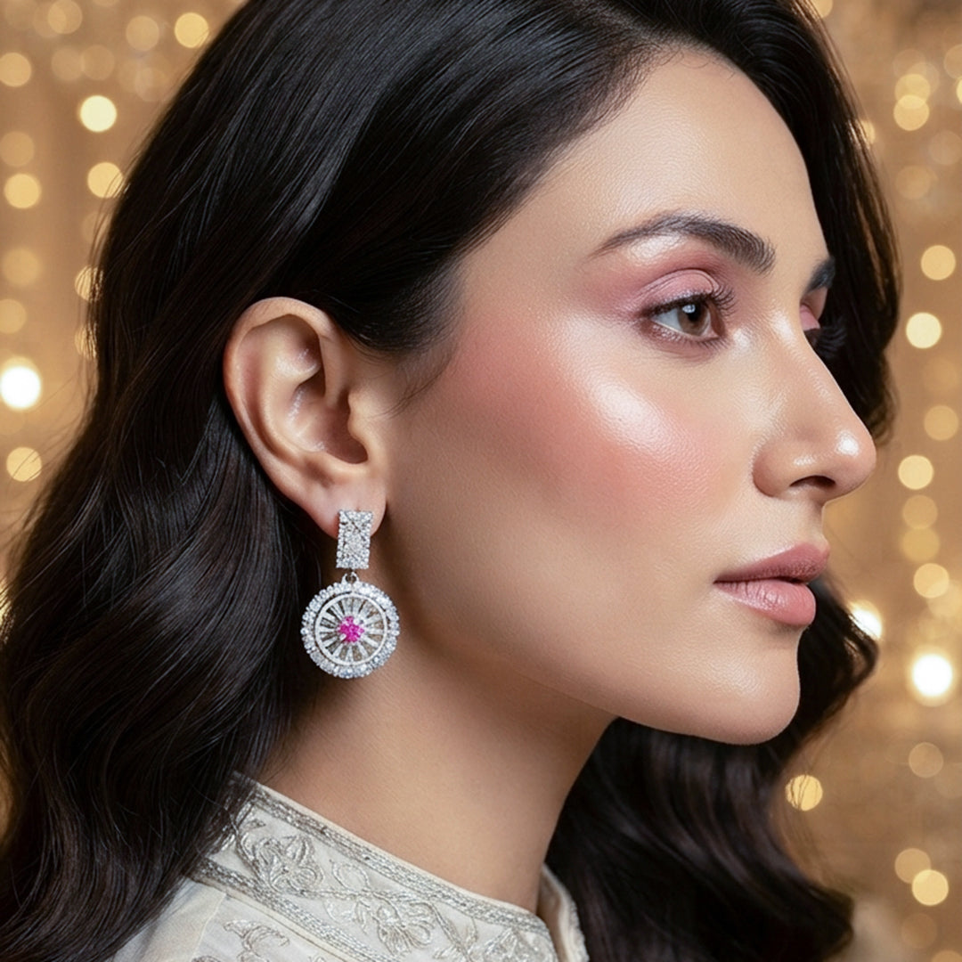 Silver Pink Crystal Drop Earrings