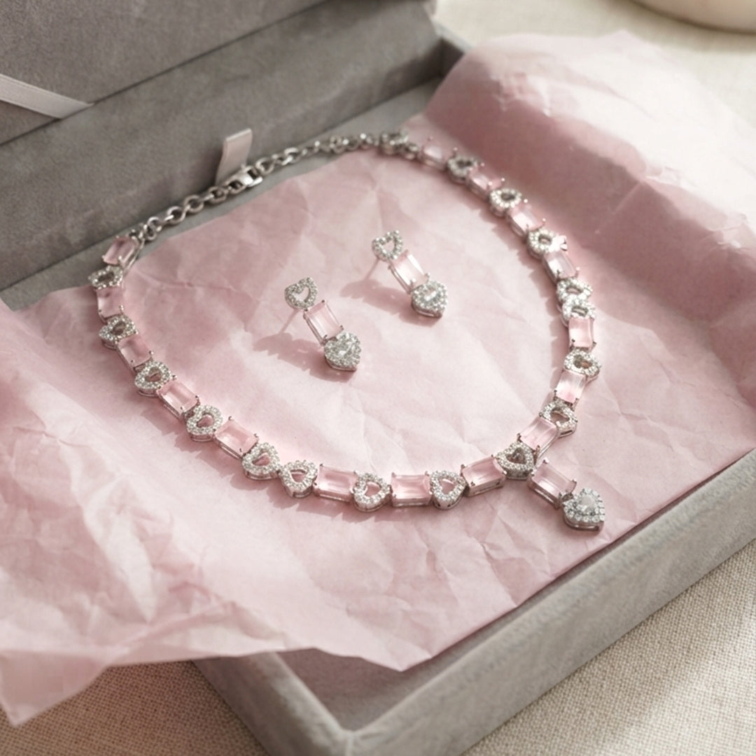 Pink Crystal Necklace & Earrings Set