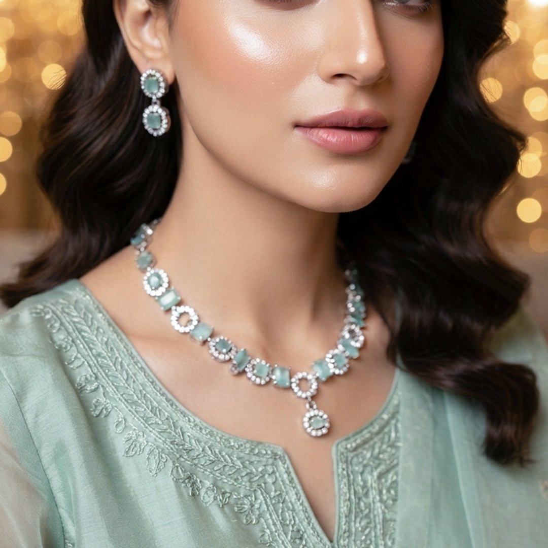 Mint Green Crystal Necklace & Earrings Set