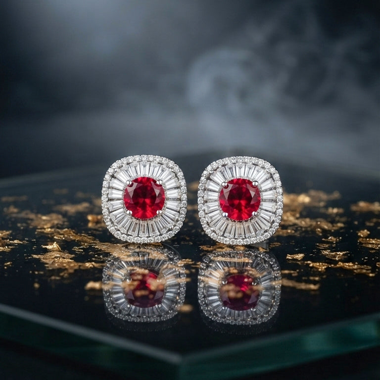 Ruby Red Floral Stud Earrings