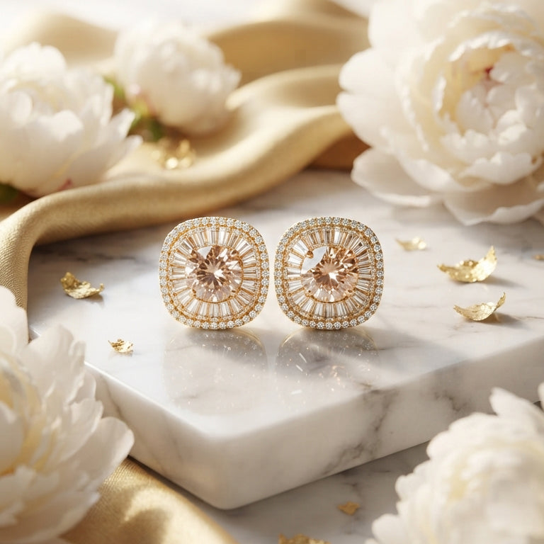 Gold Crystal Square Stud Earrings