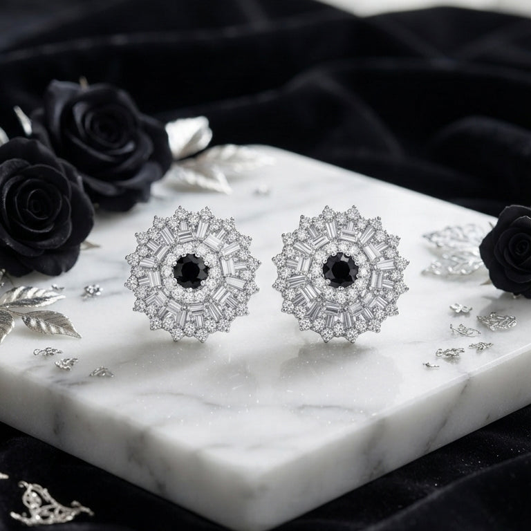 Black Floral Crystal Stud Earrings