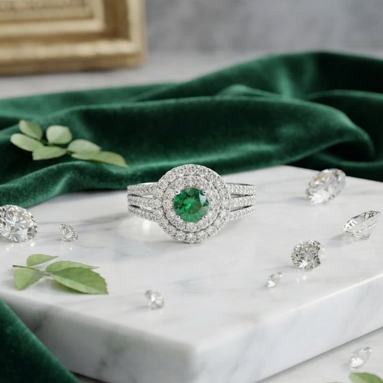 Silver Emerald Green Halo Ring