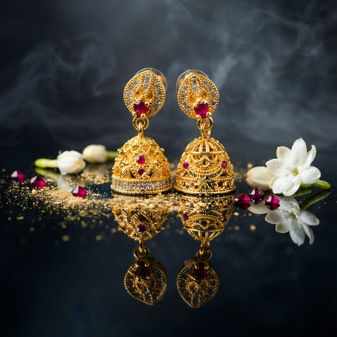 Gold Red Crystal Jhumka Earrings