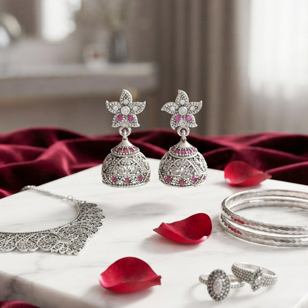Silver Pink Floral Jhumka Earrings