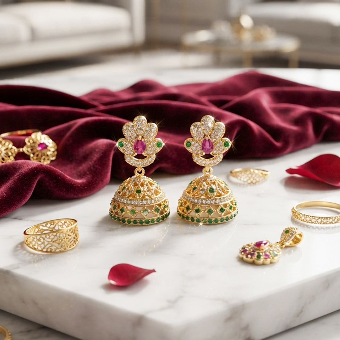 Gold Green Jhumka Earrings