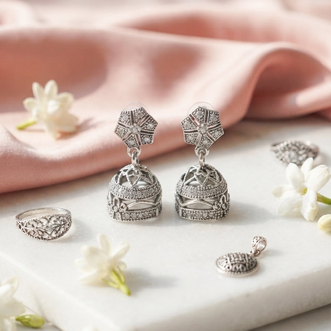 Silver Dome Jhumka Earrings
