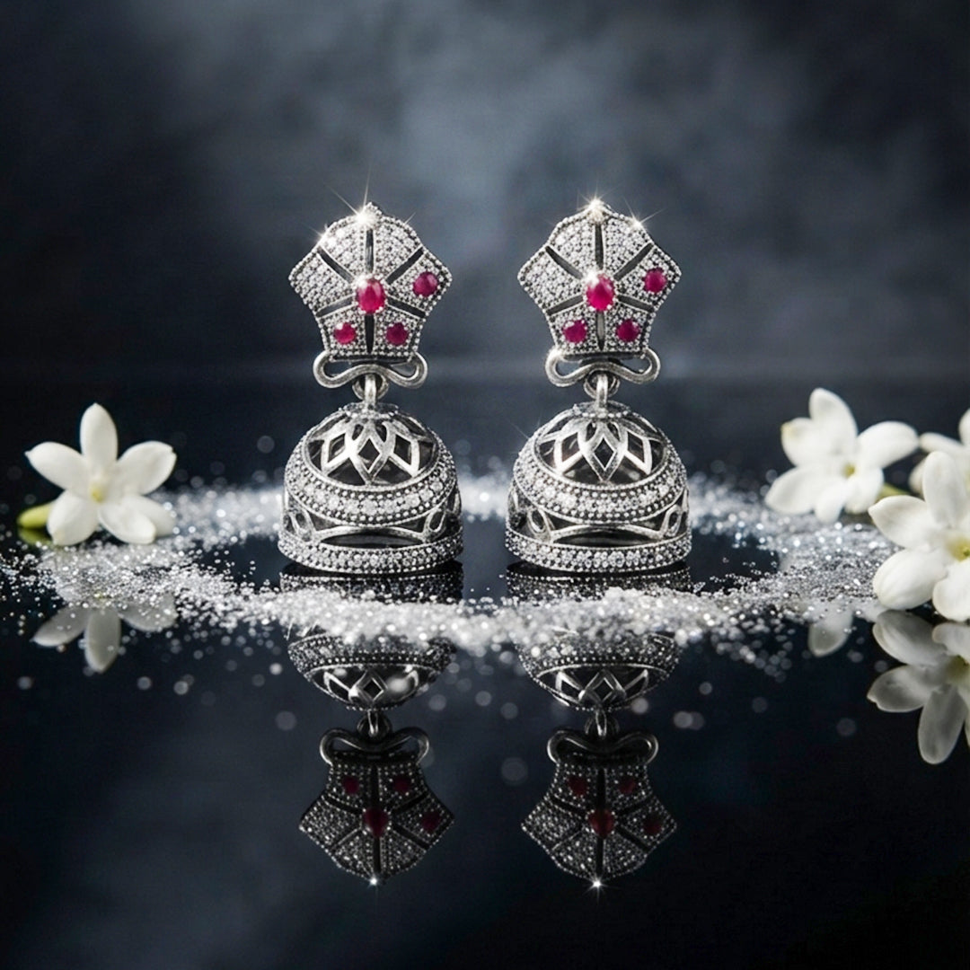 Silver Pink Jhumka Earrings
