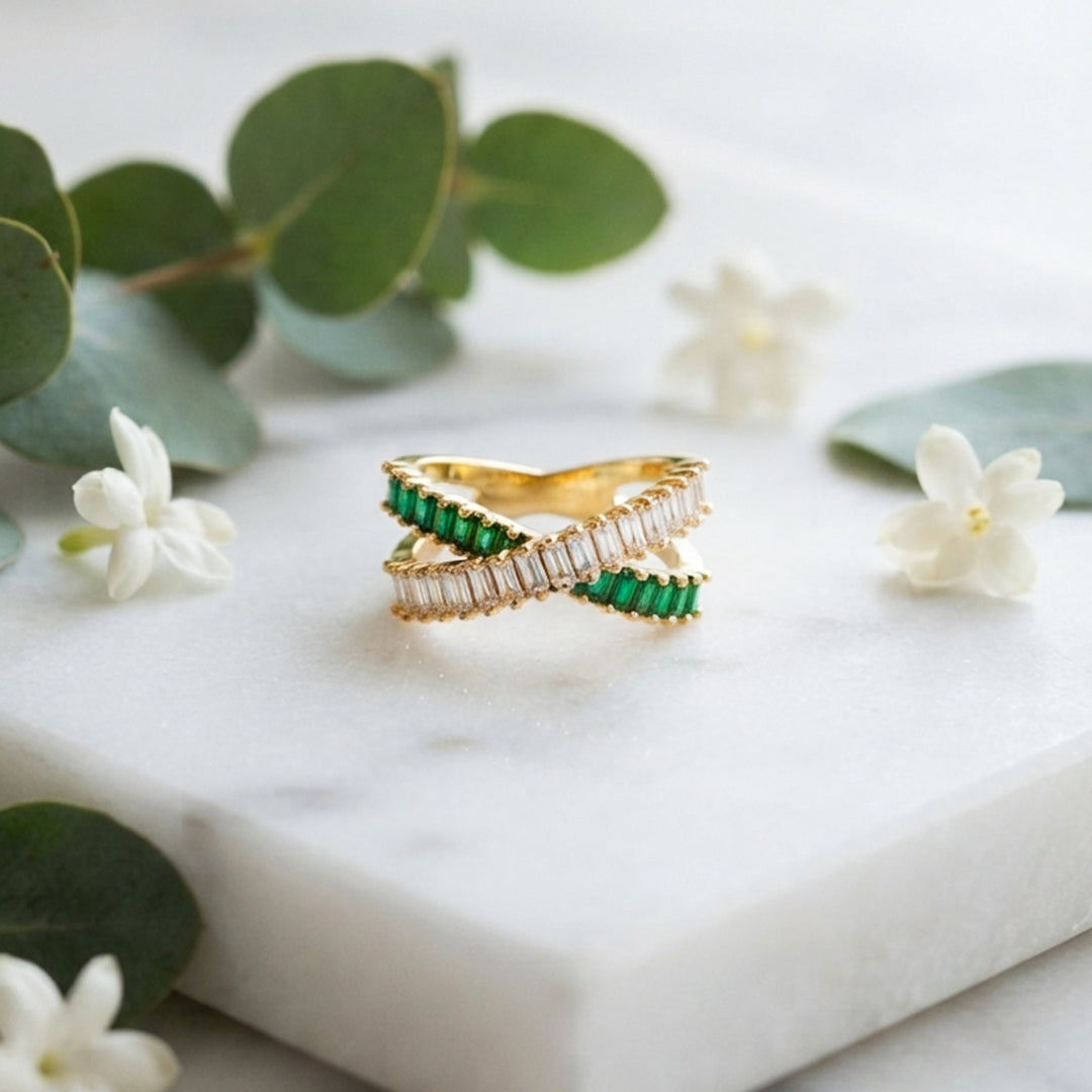 Gold & Green Cross Over Ring