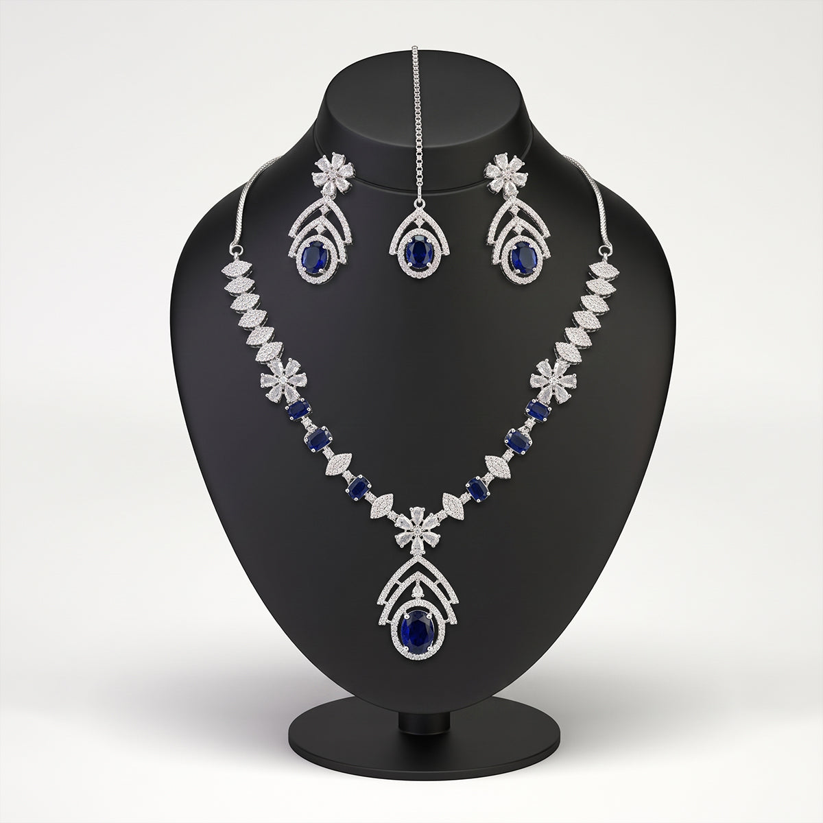 Silver Crystal Leaf Pendant Set with Blue Stones & Tikka