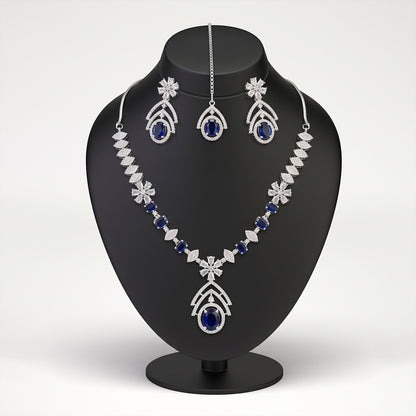Silver Crystal Leaf Pendant Set with Blue Stones & Tikka