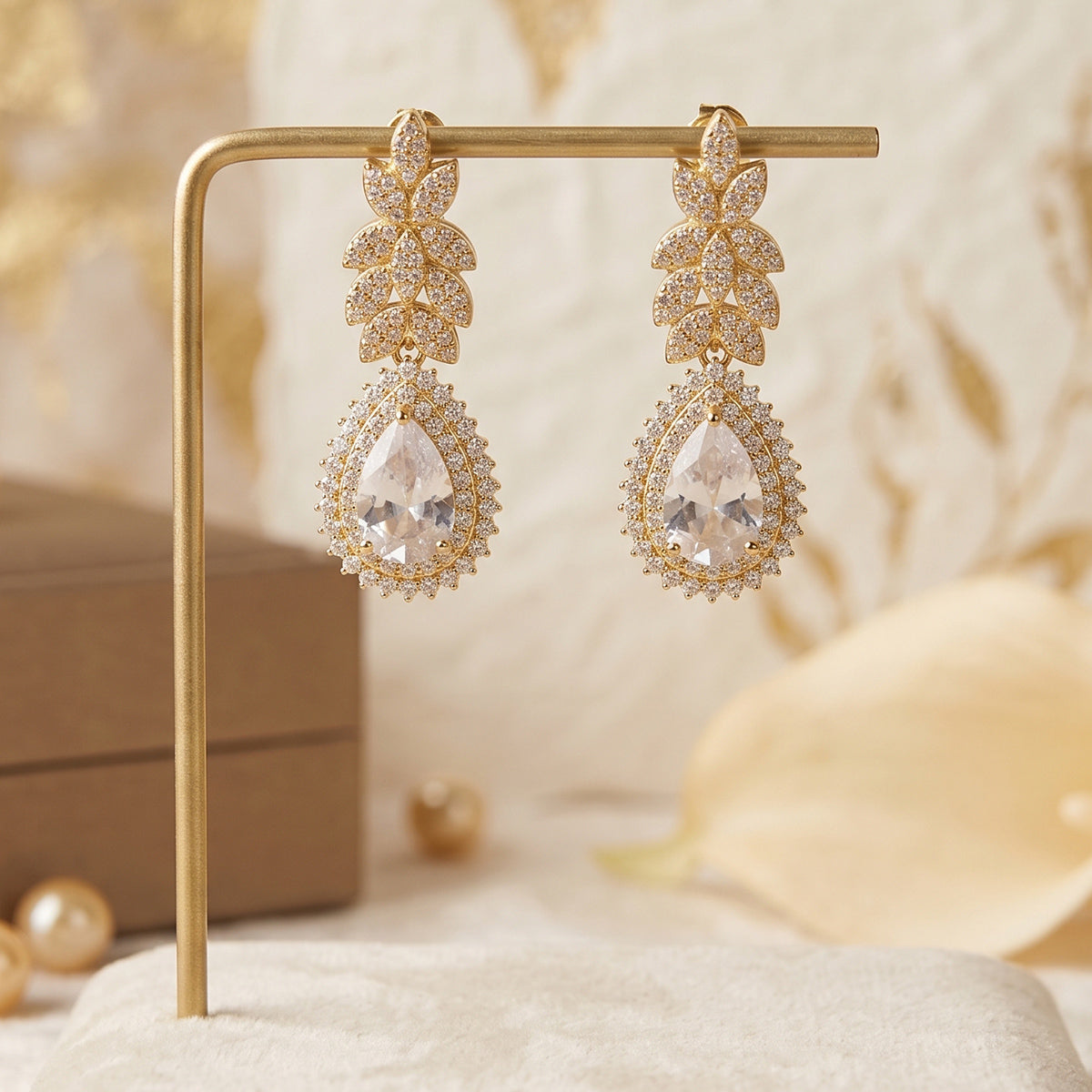 Gold Crystal Leaf & Teardrop Statement Earrings