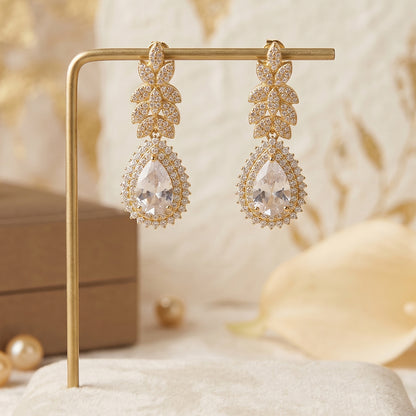 Gold Crystal Leaf & Teardrop Statement Earrings