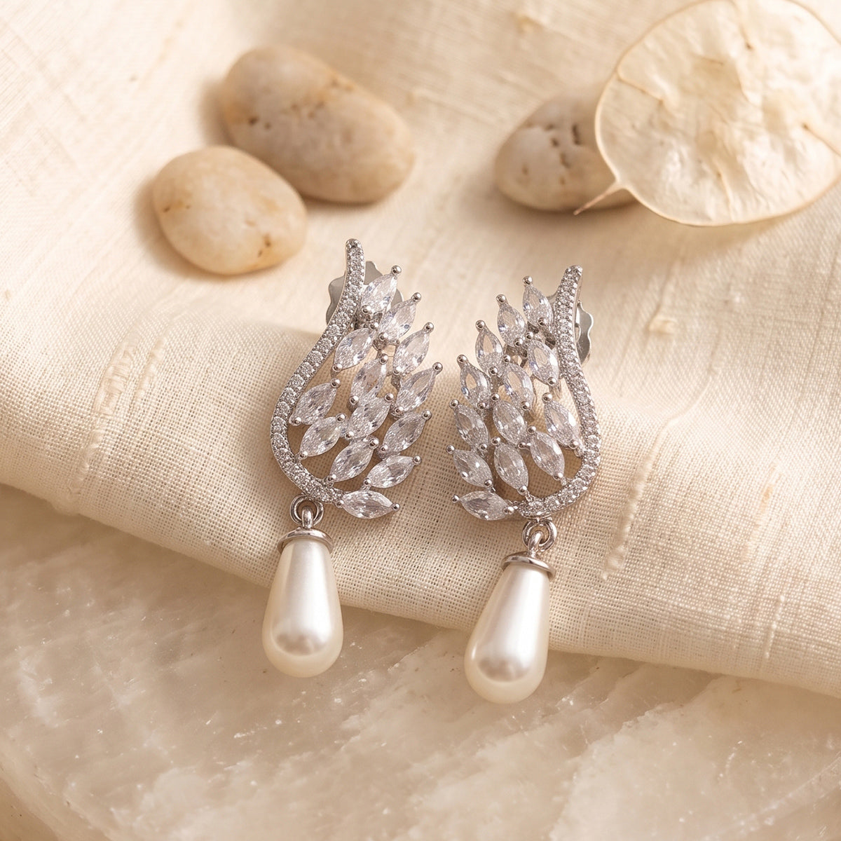 Silver Leaf Crystal Earrings with Pearl Drop