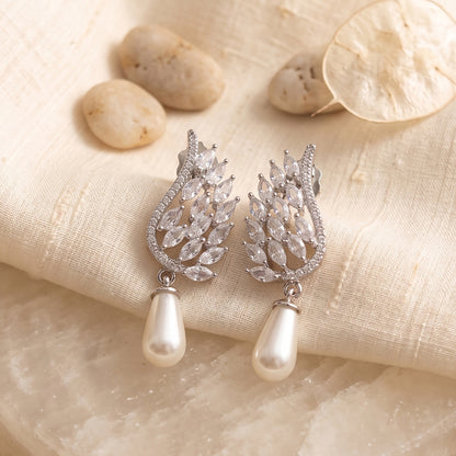 Silver Leaf Crystal Earrings with Pearl Drop