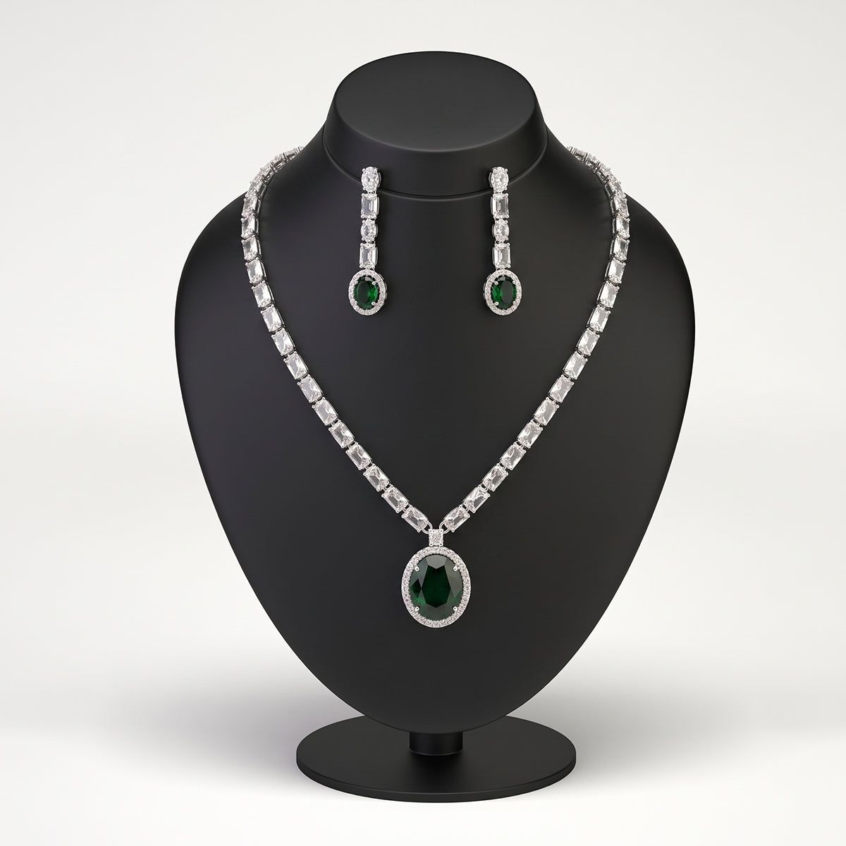 Silver Tennis Necklace Set with Green Oval Pendant