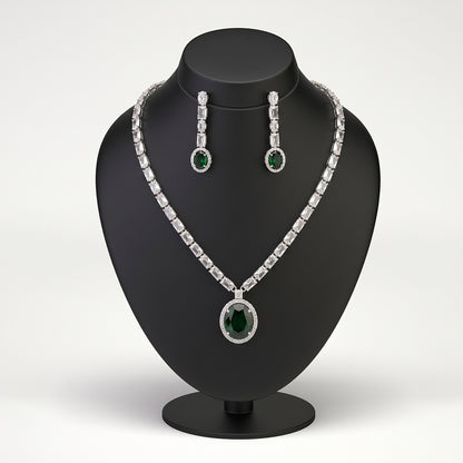 Silver Tennis Necklace Set with Green Oval Pendant