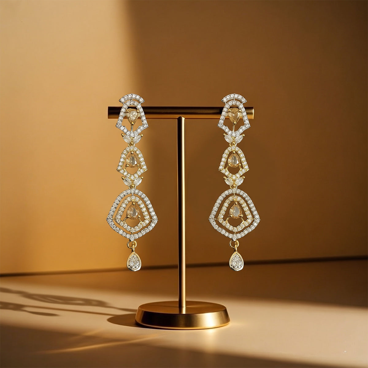 Gold Art Deco Crystal Long Drop Earrings