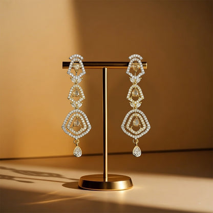 Gold Art Deco Crystal Long Drop Earrings