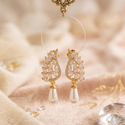Gold Leaf Crystal Earrings with Pearl Drop