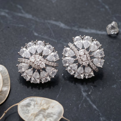 Silver Pear-Cut Crystal Floral Studs