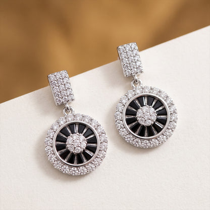 Silver Crystal Medallion Drop Earrings with Blue Stones