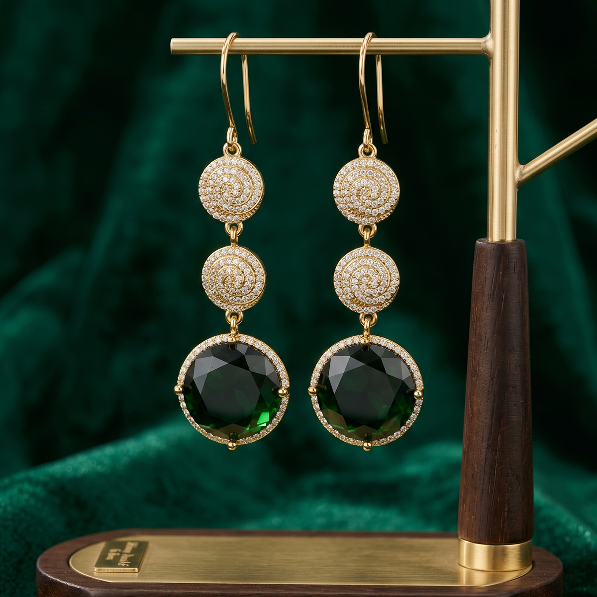 Gold Pavé Swirl Earrings with Green Stone Drop