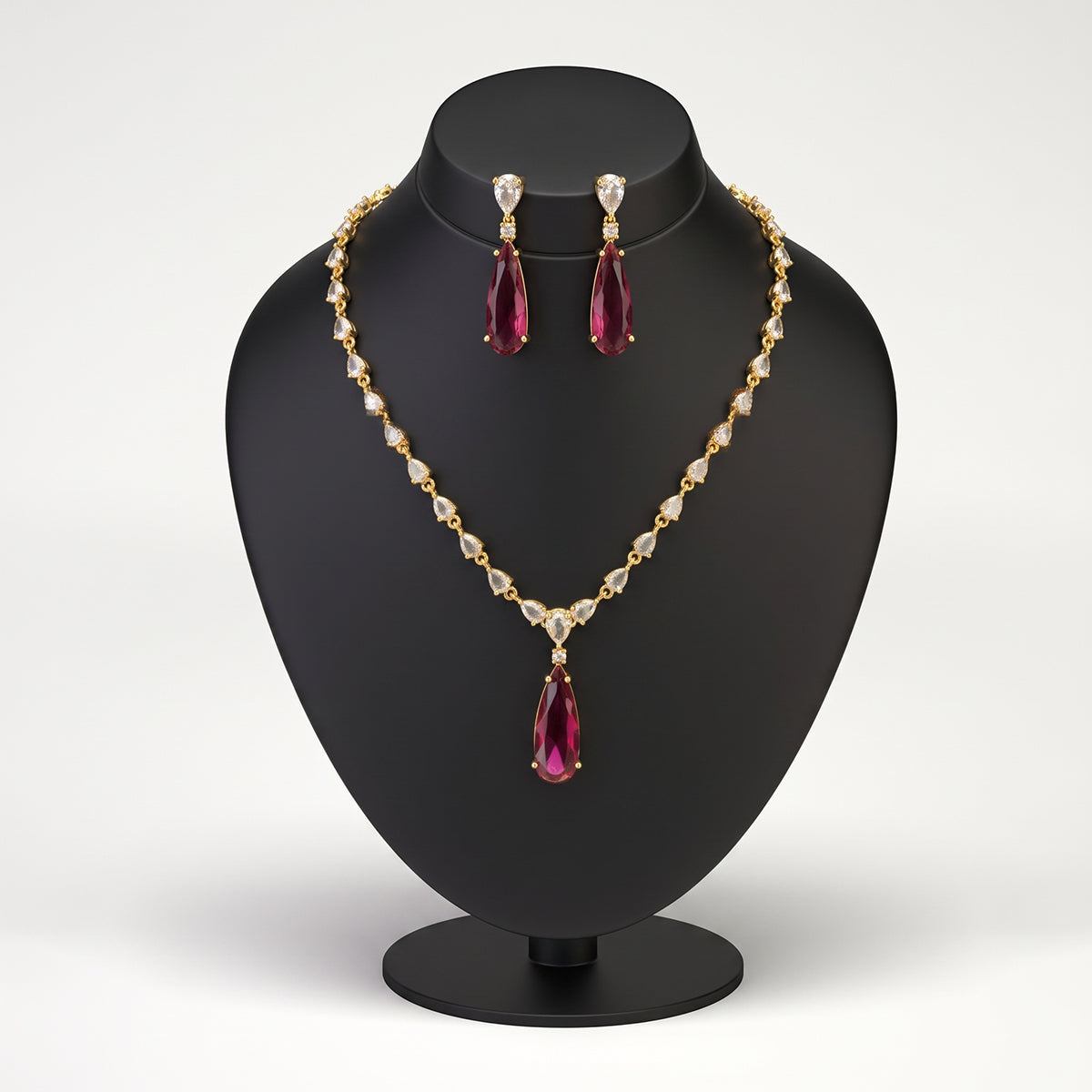Gold Ruby Red Teardrop Necklace & Earrings Set