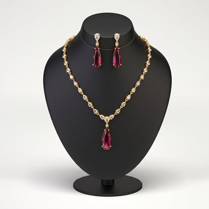 Gold Ruby Red Teardrop Necklace & Earrings Set