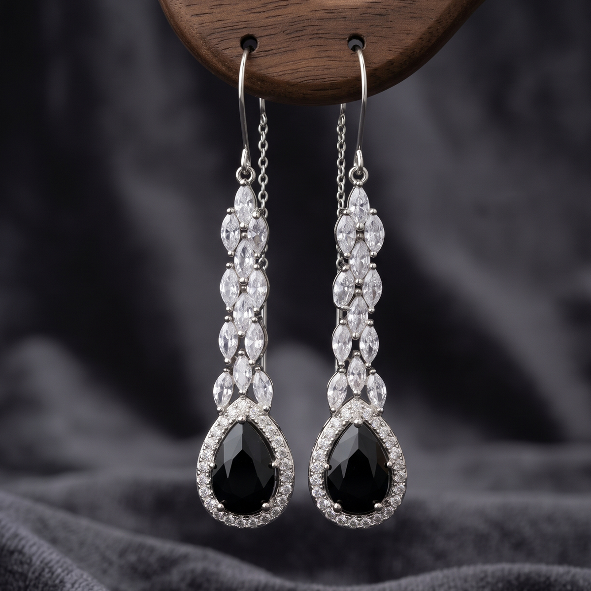 Silver & Black Onyx-Look Long Drop Earrings