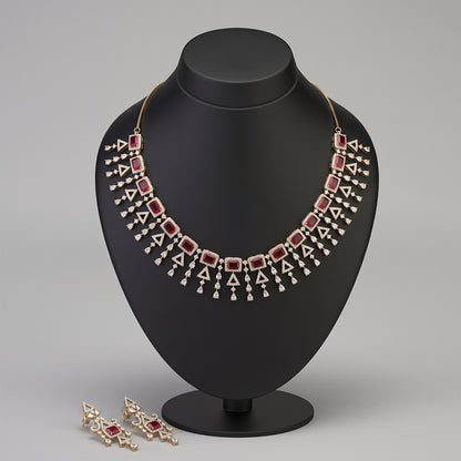 Rose Gold Ruby-Look Geometric Statement Necklace Set